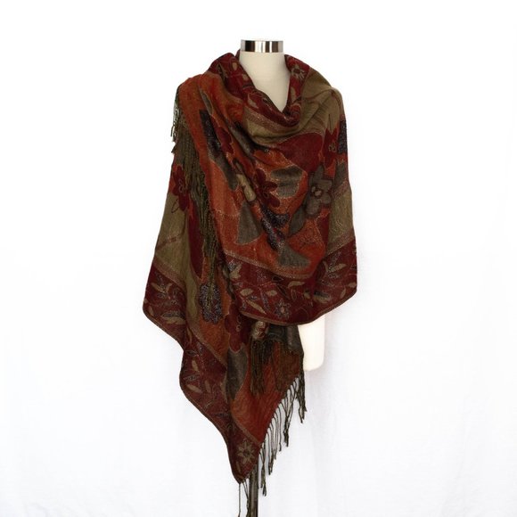 Vintage Accessories - Hand-Woven Double-Sided Wrap Shawl w Floral Design & Sparkly Silver Tread Accent